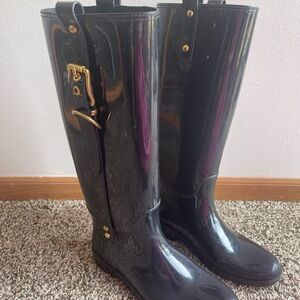 Coach Black Tall Rain Boots with Gold Buckle